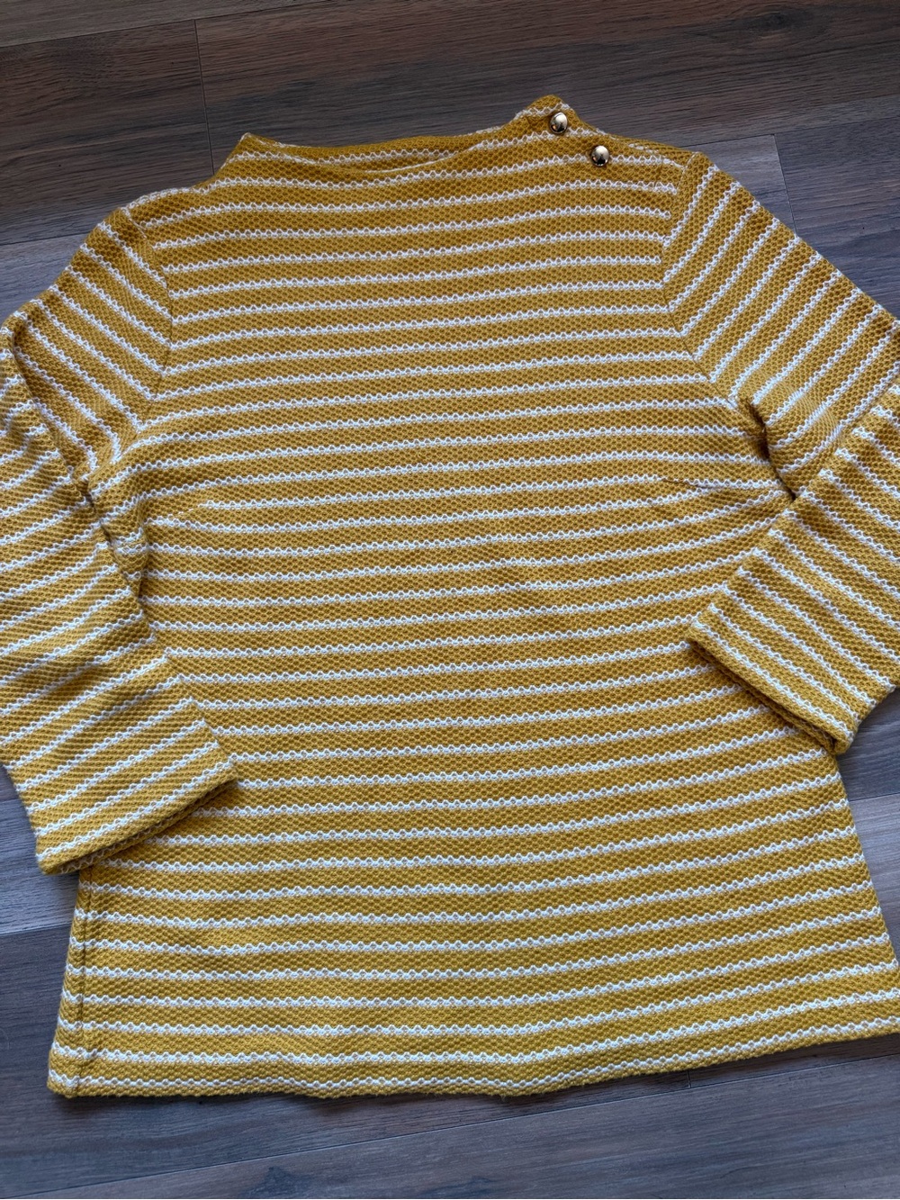 Talbots 100% Cotton Mustard and White Striped Knit Turtleneck with Button Detail